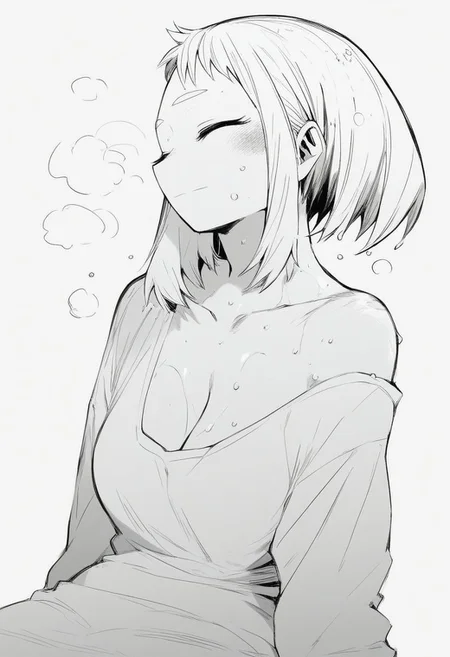 flatshinyskin, score_9, score_8_up, score_7_up , 1girl, 1girl, mosaic censoring, slight seductive pose,, large tear drop breasts, sweating, breasts,, long skirt, 1girl, solo focus,, wet, sweaty, sweating, steam, sitting , tired eyes, head tilted down, head looking down, head turned down side ways, closed eyes, smile, facing side ways, (side portrait:1.5), slight smile,
(neck focus, collarbone focus)
ochako_uraraka, 1girl, score_9, score_8_up, score_7_up, Monochrome, MANGASTYLE, solo focus, perfect body, curvey, thick waist, thick body, oversized Tshirt, partially visible breasts, cleavage, partially exposed left shoulder, exposed left shoulder, loose T shirt, side focus, facing sideways
(head resting on shoulders, head on shoulder)
round face, thick body, plumb