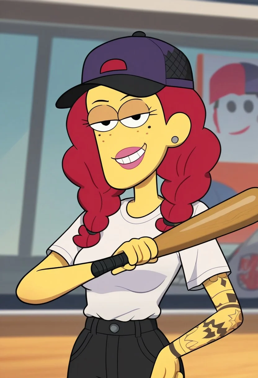 score_9, score_8_up, score_7_up,perfect face,show accurate,screen cap,black dot eyes,Nancy Green from Big City Greens,short twin braids,red hair,light yellow skin,,looking at viewer,black dot eyes,medium breasts,smug face,,full clothed,purple baseball cap,white shirt with black stripes from top to bottom
,baseball face paint,,baseball bat in hand, , oiled body,, , , upper body,mature woman, milf, tattooed left arm,smirk,black paint in face,trying to cover her breasts
