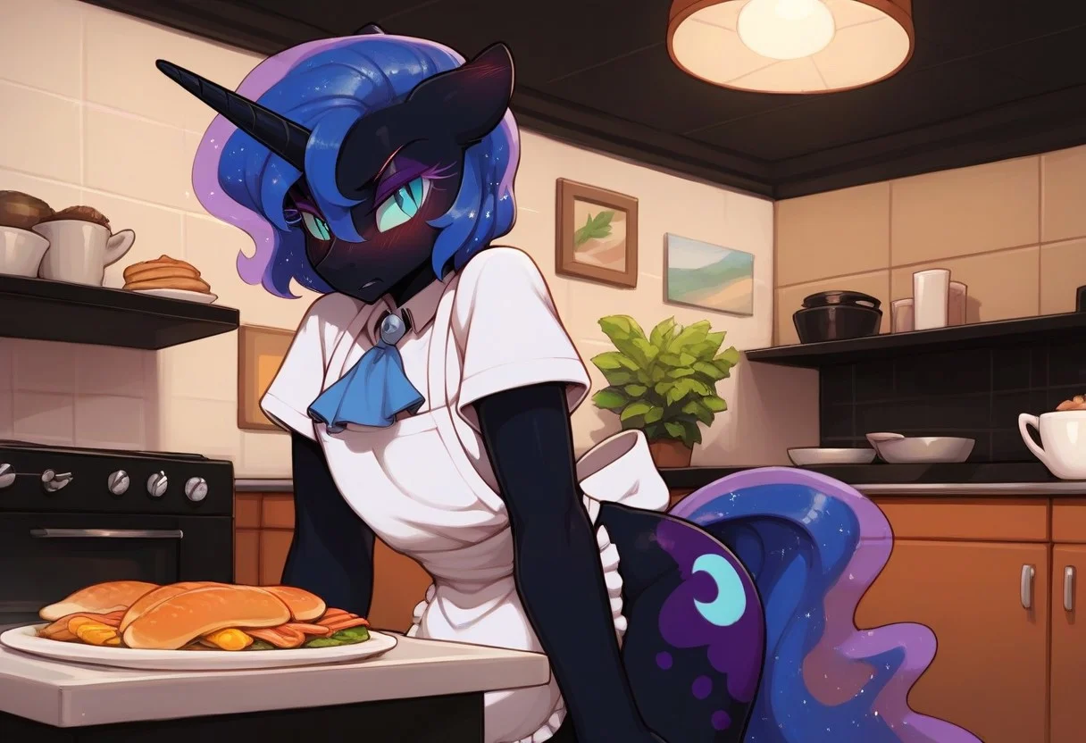 score_9, score_8_up, score_7_up, score_6_up, score_5_up, g4, pony from my little pony friendship is magic, big flanks, anatomically correct, stallion, male, trap, femboy, nightmare moon body, alicorn, nightmare moon mane and tail. ethereal mane and tail, short mane, feminine mane, female mane, blueish green eyes, Nightmare moon body, submissive, no hat, no helmet, no headwear, no headgear, scar over left eye, left eye scar, scar on left eye, left eye has a scar, solo, anthro, cook, chef, chef outfit, chef clothing, cook attire, apron, blue ascot, ascot, small frown, dark blush, heavy blush, embarrassed, tsundere, short mane, short hair,
Indoors, cafe, kitchen, restaurant, diner, kitchen, cooking,, short mane, short hair,