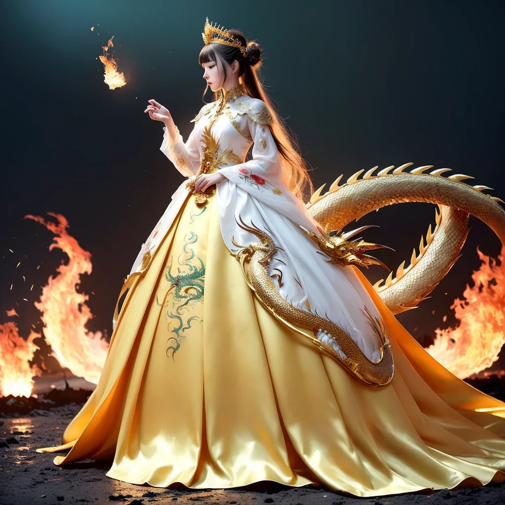 (masterpiece), (best quality), (super delicate), (illustration), (extremely delicate and beautiful), (dynamic angle), white and black highlights, (legendary Dragon queen:1.3),(complex details) ,golden eyes, green pupils, delicate face,messy floating hair, messy hair, focus, perfect hands, (fantasy wind),handsome shape,((((The flames burning behind the young woman)))), (the battlefield behind the young woman:1.2), (((Bloody))),long hair:1.2,hair stick:1.2,bun:1.2, full body:1.2,dragon horn:1.2,(((flowing))),nhjy, a woman in a yellow dress with a gold crown<lora:nhjy-10:0.5>