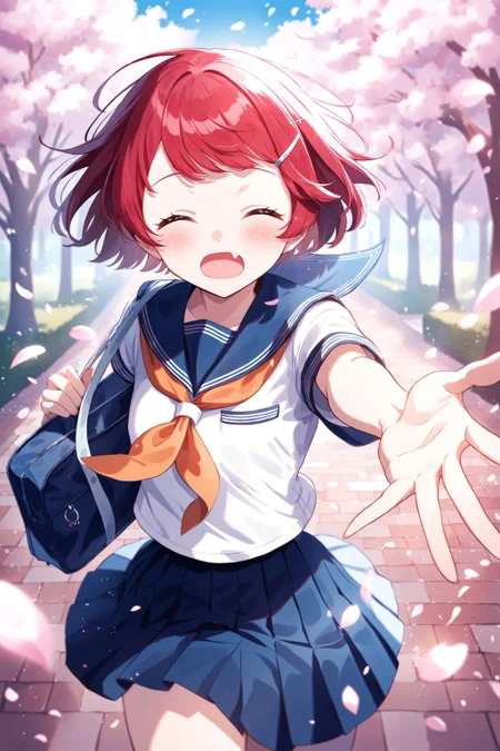 (masterpiece, best quality:1.2), amazing quality, very aesthetic, absurdres, perfect detail,
park, street, brick road, cherry blossoms, petals,
dashing, incoming, outstretched arms, holding school bag, closed eyes, open mouth, fang, blush,
, jigita, red hair, short hair, serafuku, hairclip, blue sailor collar, white shirt, short sleeves, orange neckerchief, pleated skirt, blue skirt
<lora:XL_Anima4_gomaotsu-digitalis-t1:0.9>