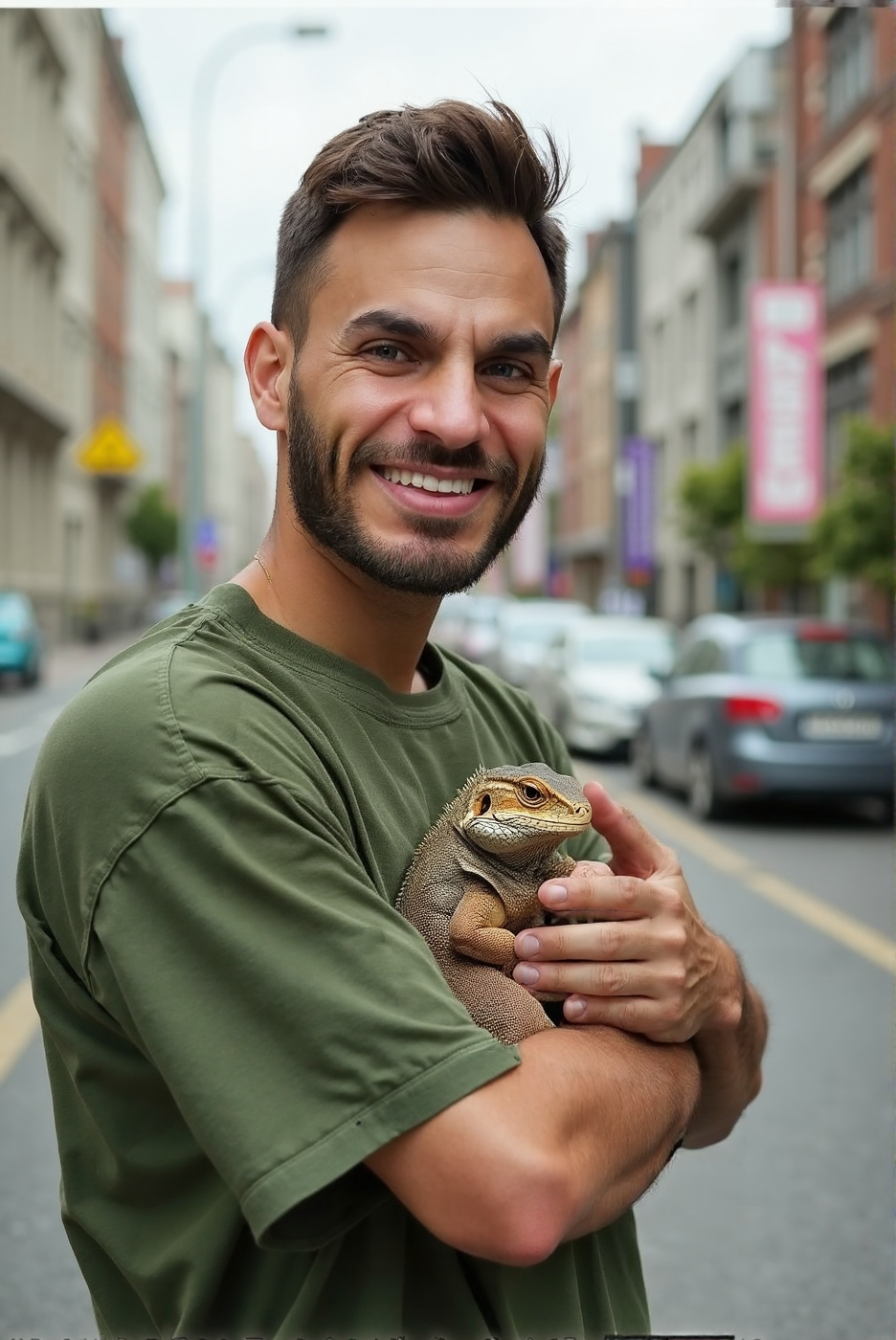 A stunning high-resolution photograph of a man holding a baby lizard