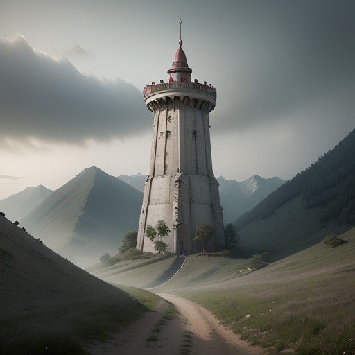 realistic analog photo, award winning photo, vary wide shot of (authoritarian) Cement witow (Military watchtower), fortified, building, scenery, dirt path, (on a hilltop), nature, outdoors, RAW, highres, 8k, uhd, High Dynamic Range, tonemapping, crisp details,