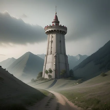 realistic analog photo, award winning photo, vary wide shot of (authoritarian) Cement witow (Military watchtower), fortified, building, scenery, dirt path, (on a hilltop), nature, outdoors, RAW, highres, 8k, uhd, High Dynamic Range, tonemapping, crisp details,