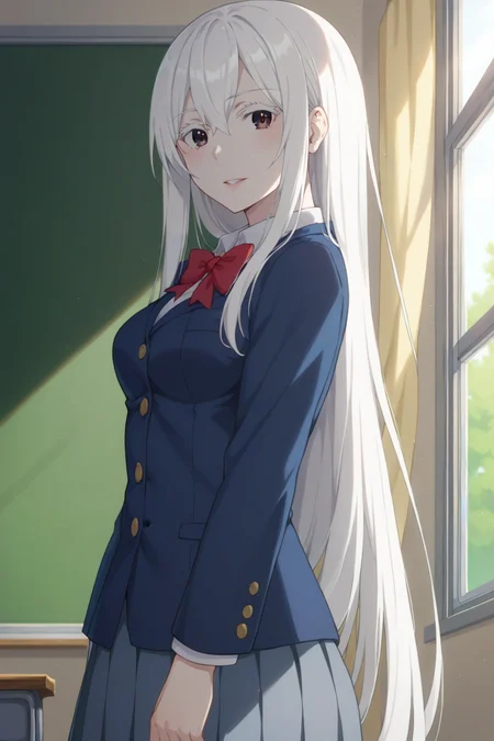 score_9, score_8_up, score_7_up, source_anime, 1girl, prefect lighting, very aesthetic, intricate details, highly detailed background, masterpiece, high quality, prefect hands, best quality, solo,
<lora:Echidna_ReZero_V1:.85>, KJOechidna, white hair, white eyelashes, thick eyelashes, hair between eyes, dark eyes, pale skin, very long hair,
school uniform,
cowboy shot, dutch angle, standing, seductive smile, parted lips, looking at viewer, 
classroom, windows, dawn,
(Beautiful, medium Breasts:1.2), natural breasts,