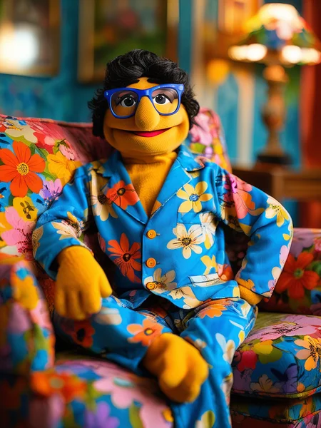 puppet-show\(style\),[1boy],[A man wearing blue glasses sits comfortably on a floral sofa, wearing bright blue pajamas with a colorful pattern, ],[A cozy living room setting with soft lighting in the background],<lora:Puppet-show-XL-V1:0.75>,