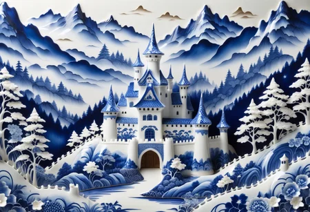 porcelain castle  in Bluepatternporcelain, detailed calligraphy ornament, 
mountain forest meadow background,