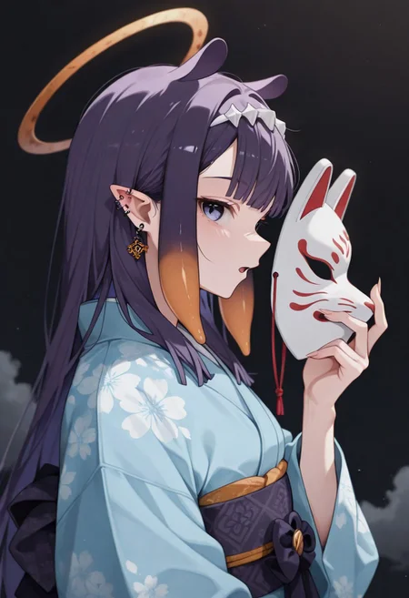 Lazypos, 1girl,solo, ninomae inanis, pointy ears, long hair, purple hair, multicolored hair, blunt bangs, tentacle hair, sidelocks, purple eyes, hololive thick_eyebrows,hairband,sharp_fingernails,,unworn_mask,black_background,horizontal_pupils,cropped_shoulders,white_hairband,long_sleeves, blue kimono, fingernails, slit_pupils, japanese_clothes,earrings ,jewelry,absurdres,fox_mask,multiple earrings, medium_hair, holding_mask, by prat_rat,hand_up,cloud,mask,kimono, holding,open_mouth,wide_sleeves,film_grain,profile,looking_at_viewer