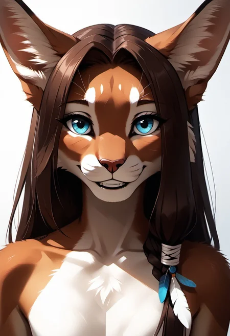 1 person, Palagiri , wing arms, flat chest, no breasts, anthro, feline features, feline nose, large ears, feather tipped tail, lilac-purple fur, brown hair, ((variety)), close up, upper body focus, smiling, 3/4 view,