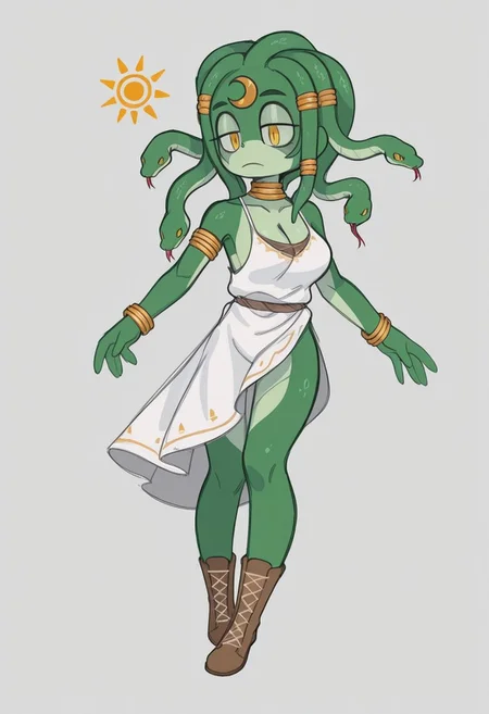 sslt,
1girl, jewelry, breasts, cleavage, armlet, bracelet, colored skin, crescent, cross-laced footwear, dress, full body, green skin, monster girl, neck ring, snake, snake hair, sun symbol, tunic, white dress, yellow eyes