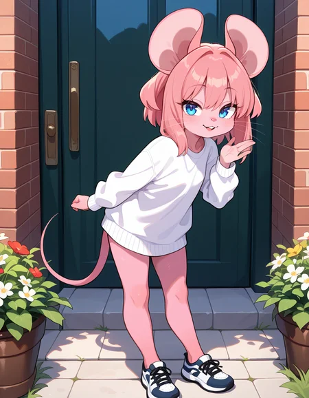 masterpiece, best quality, very aesthetic, absurdres,
outdoors, casual,
full body, standing, posing,
seductive smile, parted lips, long eyelashes,
<lora:Mouse_Girl_v01_NAIXL:1>
M0sgr1,1girl,solo,furry,furry female,mouse girl,mouse ears,pink hair,short hair,blue eyes,snout,animal nose,whiskers,buck teeth,body fur,pink fur,mouse tail,