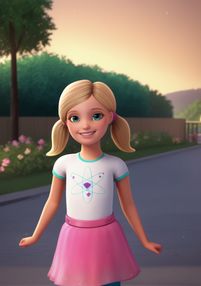score_9, score_8_up, score_7_up, score_6_up, source_cartoon, 1girl, solo,
chelsea_roberts, twintails, aqua eyes, blonde hair, white shirt, short sleeves, pink skirt, leggings, child, outdoors, dress, looking at viewer, smile, dynamic pose, volumetric lighting , cinematic ,
 <lora:Chelsea_roberts:1><lora:hand 4:1>perfection,
