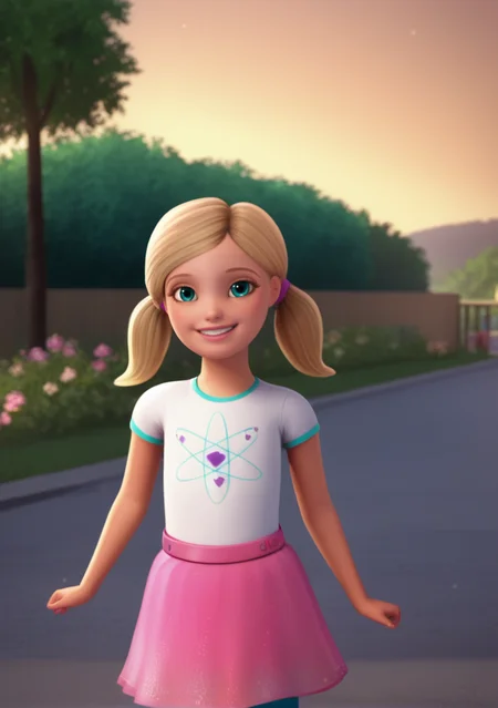 score_9, score_8_up, score_7_up, score_6_up, source_cartoon, 1girl, solo,
chelsea_roberts, twintails, aqua eyes, blonde hair, white shirt, short sleeves, pink skirt, leggings, child, outdoors, dress, looking at viewer, smile, dynamic pose, volumetric lighting , cinematic ,
 <lora:Chelsea_roberts:1><lora:hand 4:1>perfection,