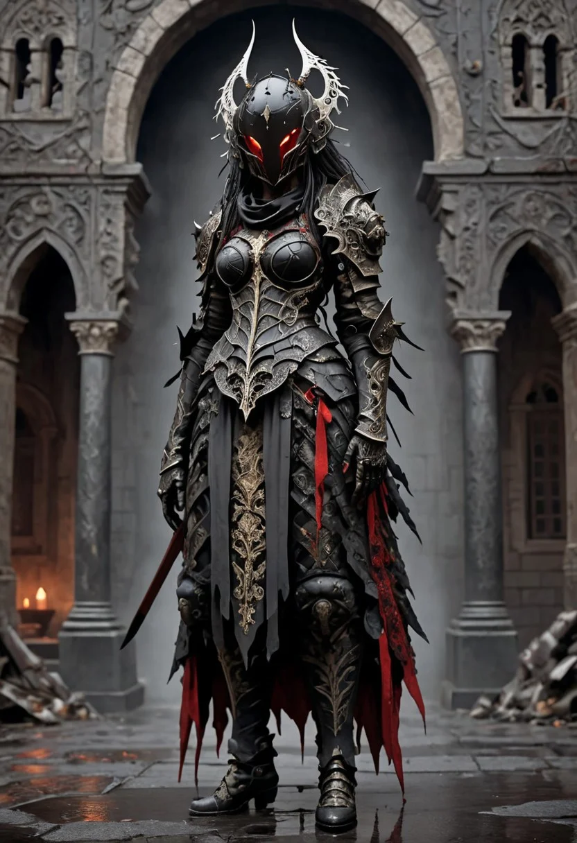 The image portrays a terrifying gothic scene, featuring a haunted, gothic-style female warrior in a shadowy, decaying setting. The subject is clad in a macabre, ancient armored suit with twisted, dark iron accents and sinister, blood-red patterns. Her helmet, a grotesque and angular piece, partially covers her face, casting an eerie, foreboding shadow. The armor is adorned with haunting symbols and runes, with grim, silvery inscriptions on the sleeves and sash that seem to writhe and move. The warrior wields a cursed, ethereally glowing scythe, its hilt embedded with sinister, pulsating stones, strapped to her side. The overall aesthetic is both dread-inducing and formidable. The background reveals a crumbling palace courtyard, its once-grand arches now twisted and malformed, with grim mosaic walls reflecting a cold, ghostly light. A dense, black smoke swirls ominously around the warrior, enveloping her in a shroud of darkness.