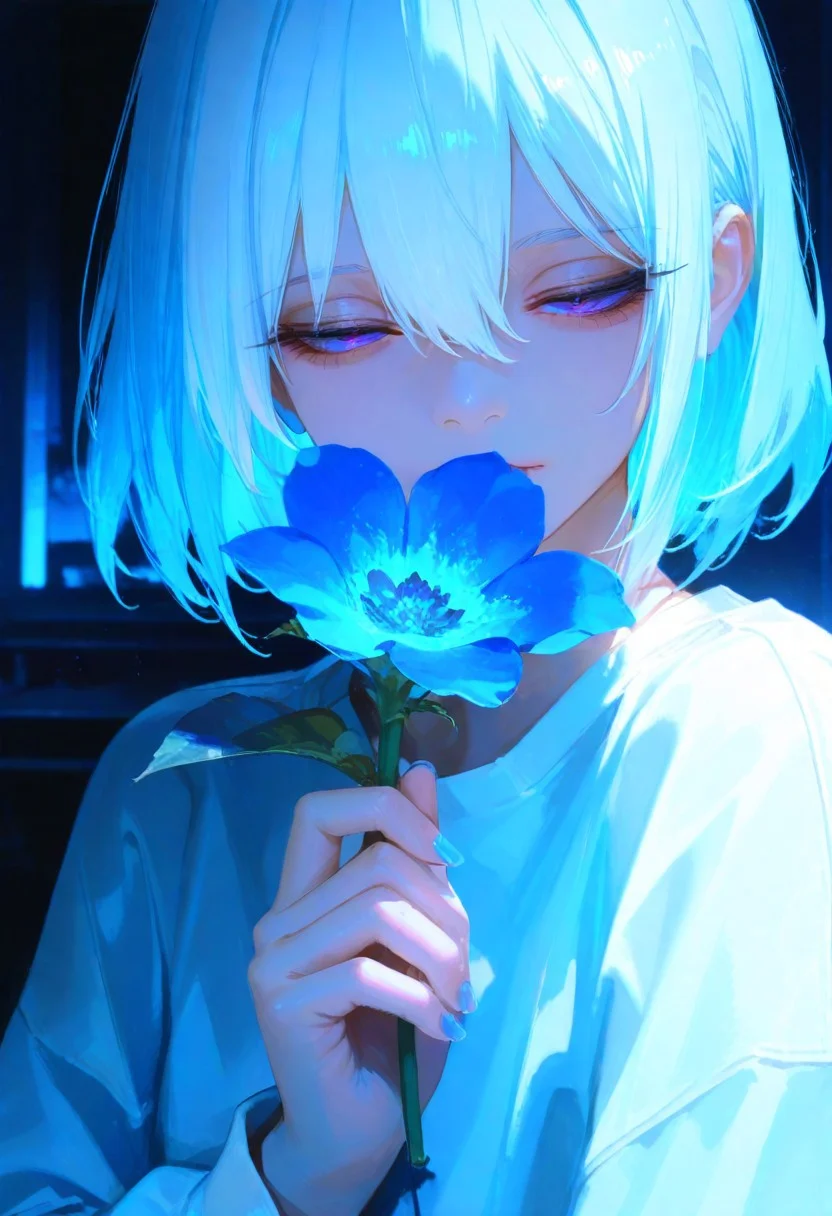 masterpiece, best quality, good quality, very aesthetic, absurdres, newest, (detailed lighting, rendered, perfect hair, detailed face and body) 1girl, looking at viewer, holding a big blue flower, blue hair, jacket, white shirt with sleeves,nail polish, purple eyes, blue eyes, eyelashes, long sleeves, white hair, hand up, hair between eyes, half-closed eyes, blue theme, cinematic composition, ultra-detailed, high-quality, photorealistic, extremely detailed CG unity, masterpiece, high quality, best quality, absurdres, 8k resolution