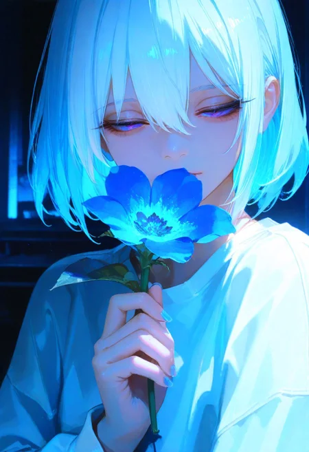 masterpiece, best quality, good quality, very aesthetic, absurdres, newest, (detailed lighting, rendered, perfect hair, detailed face and body) 1girl, looking at viewer, holding a big blue flower, blue hair, jacket, white shirt with sleeves,nail polish, purple eyes, blue eyes, eyelashes, long sleeves, white hair, hand up, hair between eyes, half-closed eyes, blue theme, cinematic composition, ultra-detailed, high-quality, photorealistic, extremely detailed CG unity, masterpiece, high quality, best quality, absurdres, 8k resolution