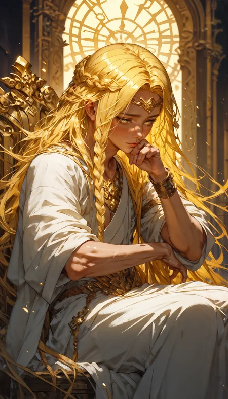 score_9, score_8_up, score_7_up, 1boy,solo focus,solo, miquella, blonde hair,crown braid,multiple braids,yellow eyes, white robe, gold armlet,circlet, sitting on a throne, soft lighting, divine light, <lora:Expressive_H-000001:0.8>, expressiveH <lora:Fant5yP0ny:0.9> <lora:Pony_DetailV1.0:0.9> <lora:miqeulla:0.8>