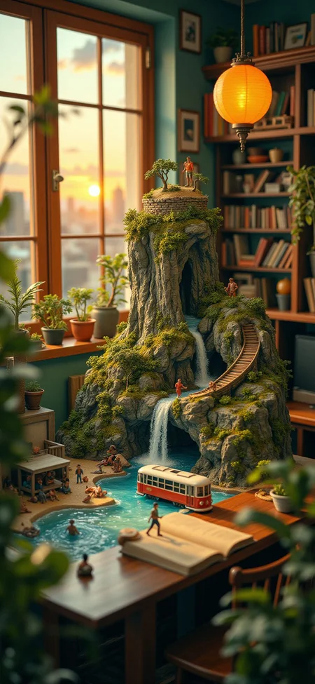 (indoor,very wide isometric view,tilt-shift lens:1.6), (windowless,fna_style,miniature,miniature,diorama,miniature,diorama,PVC,plastic:2),sunset jungle,beach,1930s city with streetcar  at (floating island,levitating  island:1.5) on (table:2) at (attic:2.5)   <lora:Diorama_Flux:1>
 <lora:Fantasy_Novel_Art_Style:1>