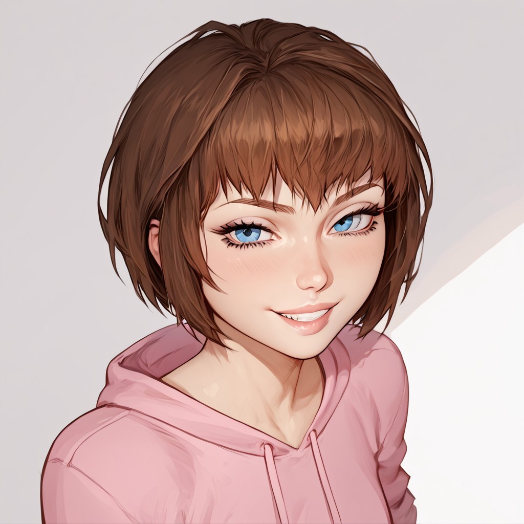 score_9, score_8_up, score_7_up, score_6_up, score_5_up, score_4_up, Expressiveh, 1 girl, solo, Stephanie, blue eyes, brown hair, short hair, petite, short, smooth skin, flat lighting, intricate details, rating_adult, Expressiveh, WJS07style. pink hoodie, looking at viewer, grin, body view