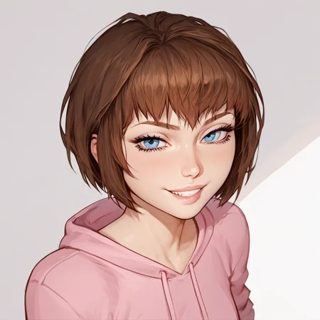 score_9, score_8_up, score_7_up, score_6_up, score_5_up, score_4_up, Expressiveh, 1 girl, solo, Stephanie, blue eyes, brown hair, short hair, petite, short, smooth skin, flat lighting, intricate details, rating_adult, Expressiveh, WJS07style. pink hoodie, looking at viewer, grin, body view
