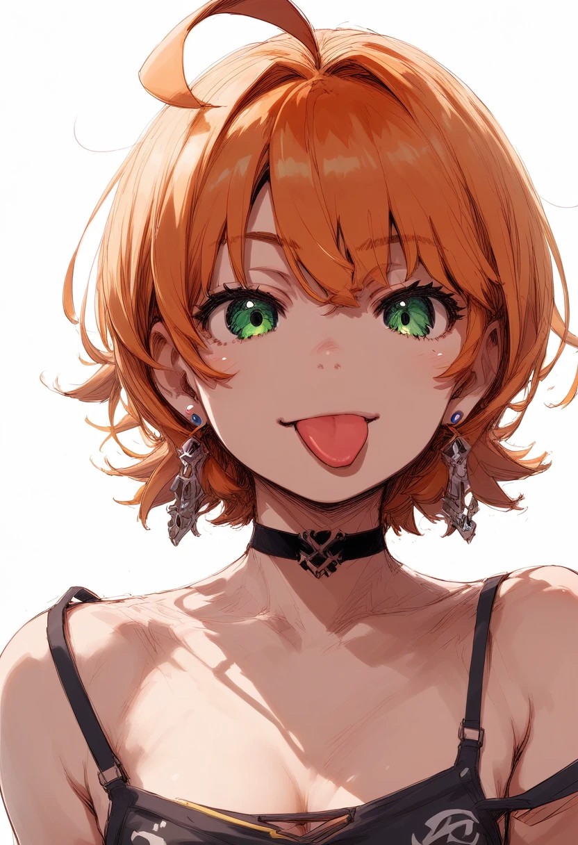 PonyScores7, source_anime, hi res, masterpiece, best quality, highres, Majo_PS, 1girl, green eyes, jewelry, tongue out, strap slip, white background, orange hair, looking at viewer, short hair, simple background, earrings, upper body, small breasts, multicolored hair, choker, ahoge, two-tone hair, collarbone, necklace, bare shoulders, cleavage, :p