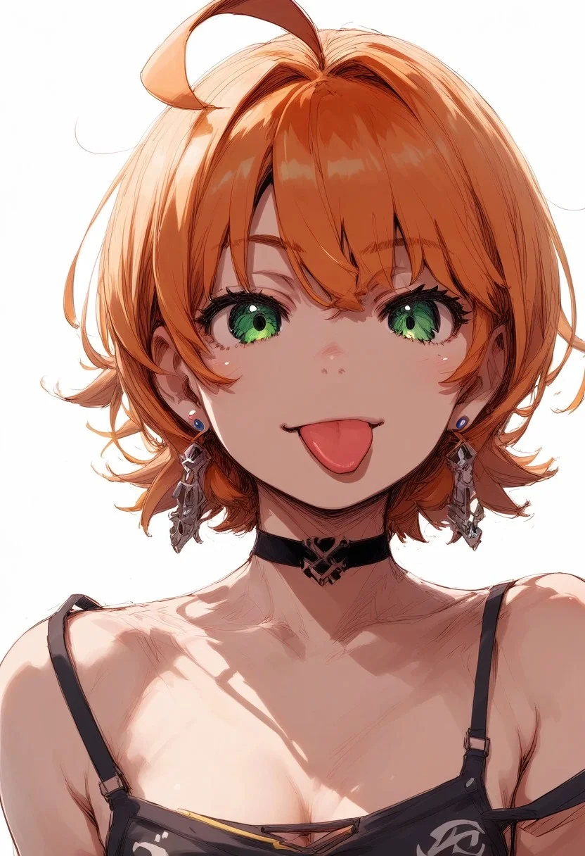 PonyScores7, source_anime, hi res, masterpiece, best quality, highres, Majo_PS, 1girl, green eyes, jewelry, tongue out, strap slip, white background, orange hair, looking at viewer, short hair, simple background, earrings, upper body, small breasts, multicolored hair, choker, ahoge, two-tone hair, collarbone, necklace, bare shoulders, cleavage, :p