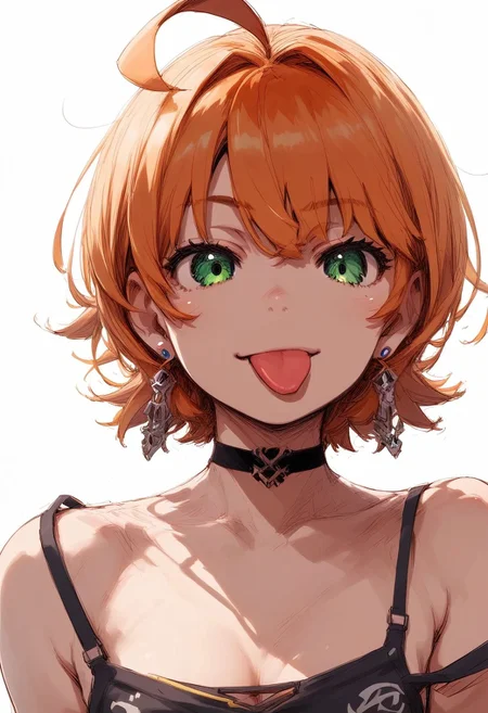 PonyScores7, source_anime, hi res, masterpiece, best quality, highres, Majo_PS, 1girl, green eyes, jewelry, tongue out, strap slip, white background, orange hair, looking at viewer, short hair, simple background, earrings, upper body, small breasts, multicolored hair, choker, ahoge, two-tone hair, collarbone, necklace, bare shoulders, cleavage, :p