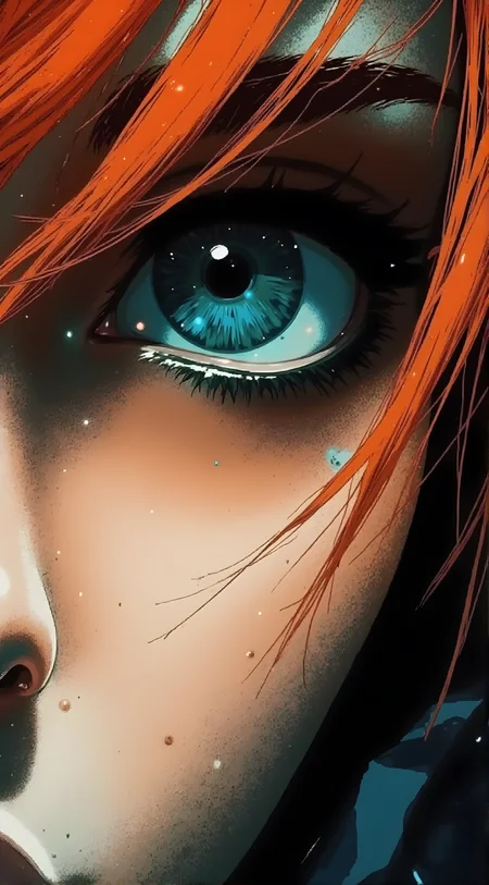 an anime-style character with vibrant orange hair is depicted in a close-up shot focusing on her eye the eye is large and expressive with a striking blue iris that has intricate patterns and highlights giving it a starry appearance her skin is fair with some freckles and she has long eyelashes which add to the detailed and realistic look of the image the lighting is soft and natural creating a gentle contrast between the bright colors of her hair and the cool tones of her eye the overall style is highly detailed and artistic with a focus on capturing the beauty and intensity of the character's gaze
j_art, anime, anime art, <lora:FLUX\jul\J_Anime:1.0>, <lora:FLUX\Anime Art V3:0.1>, <lora:FLUX\RM_Artistify_v1.0M:0.1>, <lora:FLUX\RetroAnimeS1.1:0.1>