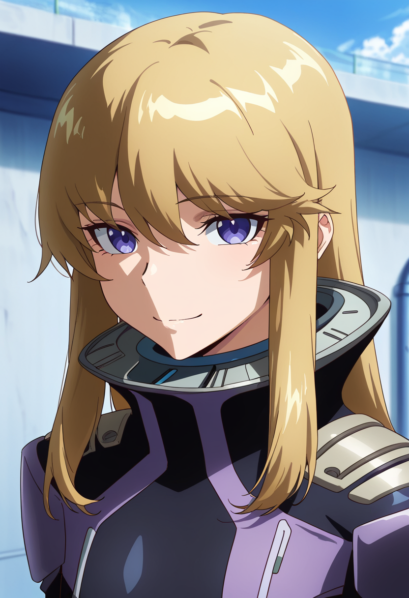 masterpiece, best quality, amazing quality, very aesthetic, absurdres, newest, illustration, perfect composition, intricate details, highres, anime coloring, general, 1girl, solo, (portrait:1.2), keiww, purple eyes, blonde hair, long hair, bangs, hair between eyes, sidelocks, flat chest, keipilot suit, high collar, breasts, black bodysuit, pilot suit, looking at viewer, smile, outdoors, day, shiny body, shiny skin, skindentation, clear skin, shiny hair, ultra detailed eyes, depth of field, sharp, intricate details, hyperdetailed, ultra-detailed, detailed clothing folds, high contrast, dynamic light <lora:Kugimiya_Kei_Majestic_Prince_ill:1>