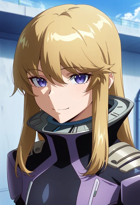 masterpiece, best quality, amazing quality, very aesthetic, absurdres, newest, illustration, perfect composition, intricate details, highres, anime coloring, general, 1girl, solo, (portrait:1.2), keiww, purple eyes, blonde hair, long hair, bangs, hair between eyes, sidelocks, flat chest, keipilot suit, high collar, breasts, black bodysuit, pilot suit, looking at viewer, smile, outdoors, day, shiny body, shiny skin, skindentation, clear skin, shiny hair, ultra detailed eyes, depth of field, sharp, intricate details, hyperdetailed, ultra-detailed, detailed clothing folds, high contrast, dynamic light <lora:Kugimiya_Kei_Majestic_Prince_ill:1>