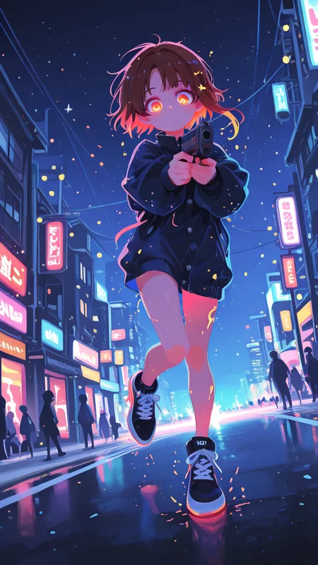 masterpiece, best quality, good quality, newest, highres, absurdres, vivid colors, flat color, 2D, strong lines, Pop Art, no lineart,no outline, xxx667_illu,glowing,sketch,masterpiece, utmost quality, hyper-realistic, newest, absurdly high-res, ultra-detailed scan, from dramatic side view, subtle scan artifacts, from immersive view, Iwakura Lain, intensely aiming at viewer, dynamically running, extreme Dutch angle, firmly holding Glock, surrounded by flying elemental dust, wearing Nike sneakers, bathed in ethereal moonlight, amidst vibrant cityscape, dazzling city lights, breathtaking scenery, exaggerated depth of field, distorted fish-eye lens effect. <lora:TQ_Iridescent_Fantasy_Creations:0.8> <lora:MJ52:0.5> <lora:xl_more_art-full_v1:1> <lora:114558v4df2fsdf5:1> <lora:illustrious_very_aesthetic_v1:0.5> <lora:XXX477:0.2> <lora:sowasowart_style:0.3> <lora:illustrious_flat_color_v2:0.6> <lora:haiz_ai_illu:0.7> <lora:checkpoint-e18_s306:0.75>