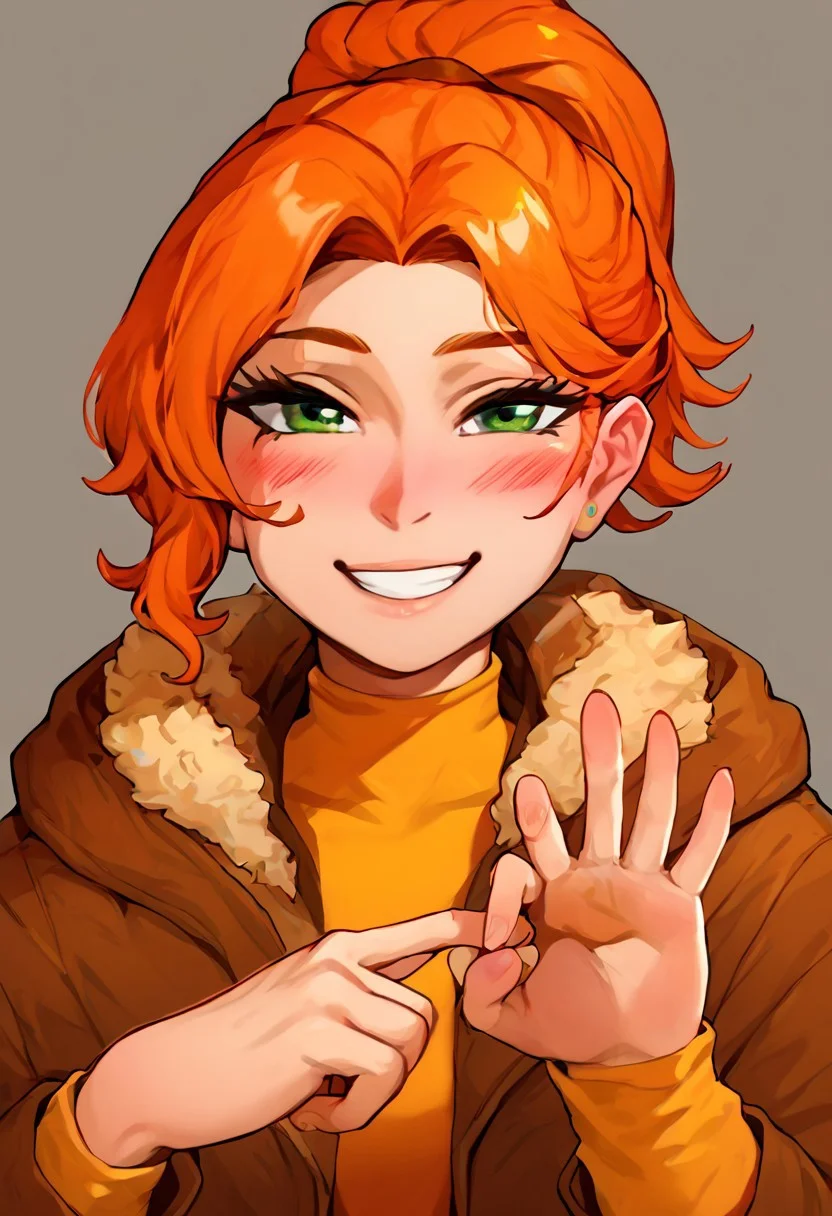 Robin_SDV, green eyes, orange hair, ponytail, yellow shirt, green pants, brown jacket, score_9_up, score_8_up, score_7_up, dirty japanese ntr style, expressive, SGER, hands
blushing, smiling, looking at viewer
