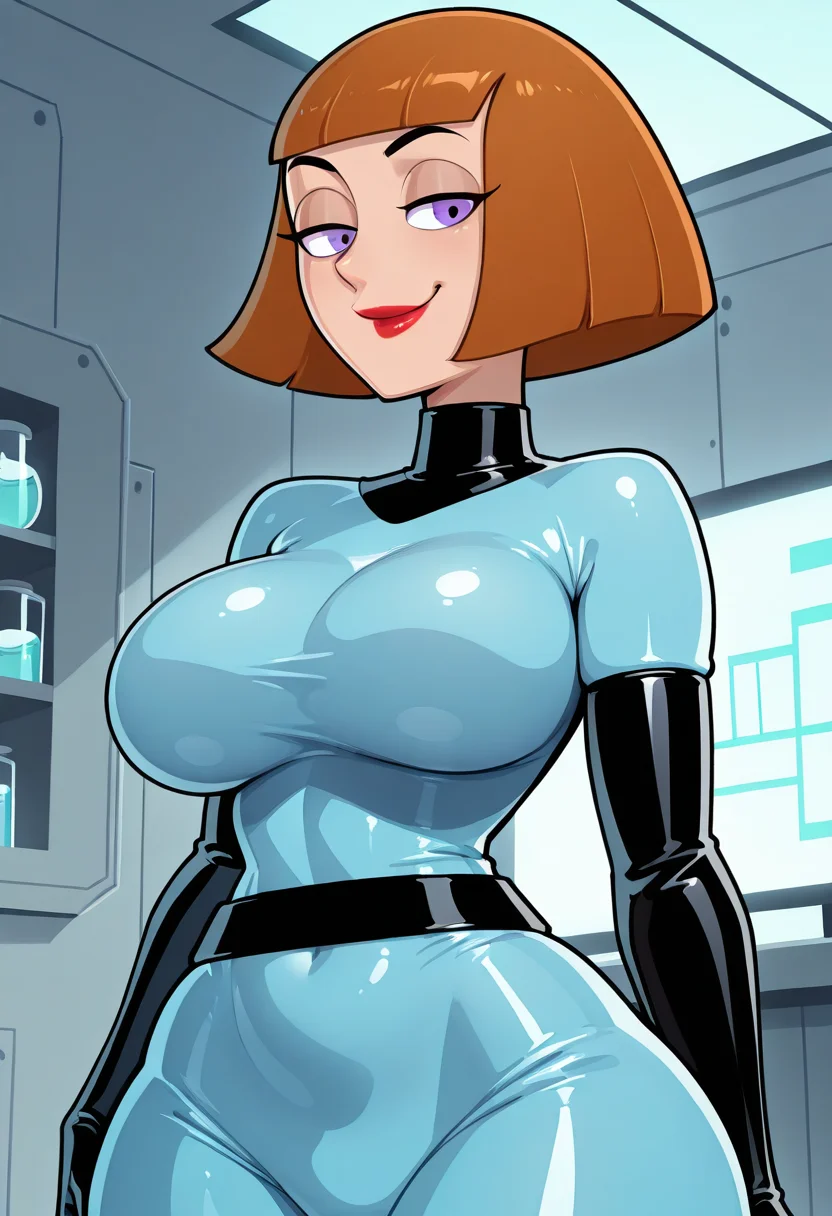 masterpiece,best quality,absurdres, portrait (close-up:1.2), 1girl, Maddie Fenton, curvy, short hair, bob cut, blunt bangs, circular eyes, purple eyes, eyelid, lipstick, large breasts, black turtleneck, blue bodysuit, black belt, black elbow gloves, black elbow gloves, smile, standing, laboratory background