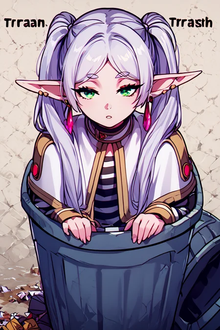 score_9, score_8_up, score_8, BREAK, <lora:Trash_Waifu_PDXL:1.0>, zzTrashWaifu, in trash can, "Old Trash" <lora:Frieren:0.8>, zzFrieren, long hair, twintails, green eyes, grey hair, pointy ears, elf, shirt, long sleeves, jewelry, earrings, striped, capelet, striped shirt, (text focus, the word trash:1), BREAK, embedding:zPDXL, Expressiveh, <lora:CatalystStylePDXL:0.6>, <lora:SDXLFaeTastic2400:0.5>, <lora:Expressive_H-000001:0.4>,