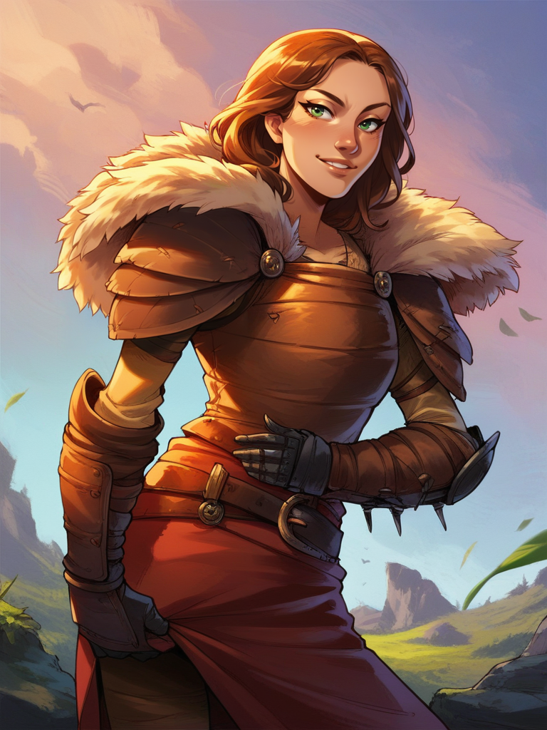 score_9, score_8_up, score_7_up, 1girl, dynamic pose, cowboy shot, looking at viewer, sexy pose, sexually suggestive, naughty face, dutch angle, valley, vegetation, grabbing gigant leaf, 
 <lora:AValka_character:0.8>, ValkaXL, brown hair, green eyes, armor, shoulder armor, pauldrons, fur trim, skirt, pants, gauntlets, cartoon,<lora:ekho:0.8> ekho,