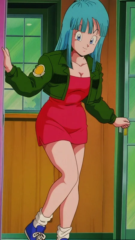 source_anime, masterpiece, best quality, amazing quality, anime screencap, high quality, 8k, absurdres, official style, 1girl, solo, looking at viewer, standing, smile, <lora:Maron_iL:1>, m4r0n, blue eyes, blue hair, long hair, bangs, dress outfit, green jacket, jacket, red dress, cleavage, blue sneakers, blue footwear, white socks,