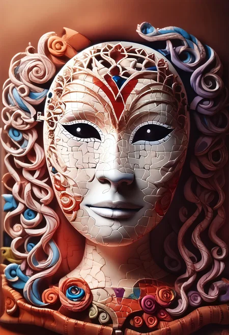 digital art images, beautiful, fantasy, and complex, rococo style white mask, emerging from the dark closet, ((puzzle_morph_rks)), midjourneylora