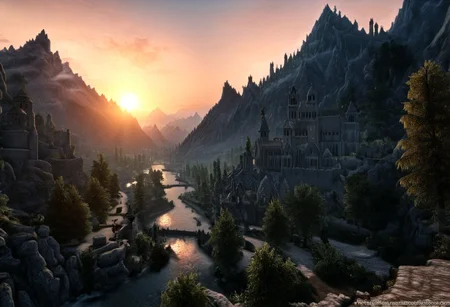 medieval era, marble phoenix statue, medieval castle, trees, mountain, sunrise, statpl, plstat, medieval era, medieval city, medieval marketplace, medieval church, skyrim, skyrimlandscapes, night, river,