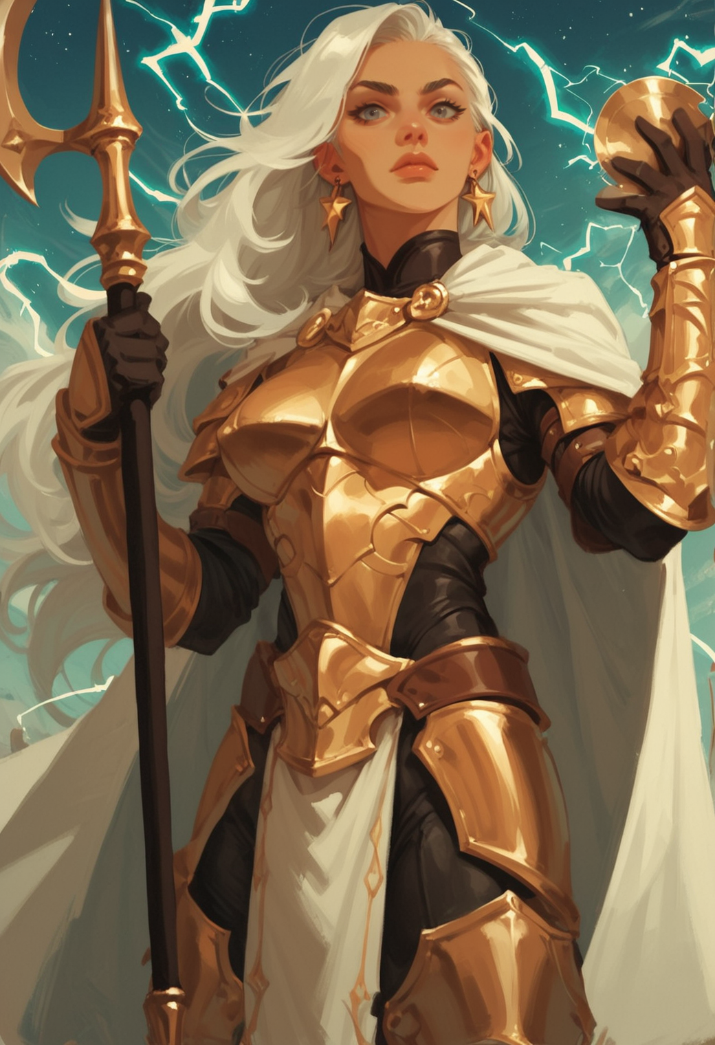 1girl, armor, solo, jewelry, holding, earrings, weapon, breastplate, long hair, white hair, polearm, , holding weapon, cape, grey eyes, signature, holding polearm, white cape, vambraces, boobplate, electricity, star \(sky\), sky, gauntlets, cowboy shot, zPDXL3, detailxl,  Score_PnyReal, (lineless:1.5)