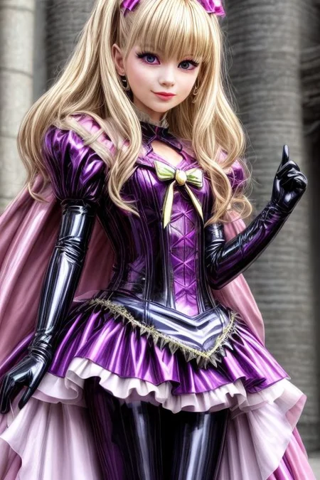 blonde evil corrupted young princess wearing dark pastel (ruffled:1) (gleaming latex:1) DarkPrecure gown with (long latex cape:1) and latex elbow bridal gauntlets, (Perfect Face:1), soft lighting, glossy red lips, ruffles,
<lora:more_details:1.5>