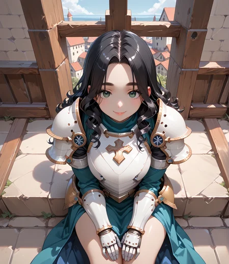 PonyScores7, source_anime, ah1, BREAK 1girl, (curly hair), long hair, (black hair:1.3), mature female, (parted hair:1.7), (round face:1.2), (fringe:-0.5), (bangs:-0.5), (hair between eyes:-0.5),  (thick eyebrows), (curvy), round-chin, (greenish hazel eyes), caucasian, (downturned eyes:1.2), (plump face), <lora:ETO_OCPonyXL:0.5> eto_oc, skindentation, (plump), thick thighs, wide hips, busty, voluptuous, kinky curls, lips, <lora:venus body PonyXL:0.4>,  (asleepgently, smile, shy), (Sitting on a windowsill, legs dangling outside, lost in thought), (church Sacristy, Intimate chamber with stone walls, a wooden confessional booth, ornate vestments hanging neatly on hooks, a polished silver chalice on a velvet cushion, and a large wooden cabinet storing religious artifacts), looking at viewer,   <lora:edgArmoredPony:0.8> (ship cove Parrley_armor bulky, futuristic armor), BREAK <lora:xl_more_art-full_v1:0.2>, <lora:shinyskin2:0.2> glistening skin, <lora:aesthetic_anime_v1s:0.2>, <lora:Expressive_H:0.2> Expressiveh, <lora:hairdetailpxl:0.2> hairdetailpxl, <lora:EpicF4nta5yXL:0.2>, <lora:detailxl:0.2> detailxl, <lora:Fant5yP0ny:0.2>, best quality, amazing quality, best aesthetic, absurdres, <lora:expressive eyes:0.2> expressive eyes, <lora:eyedetailpxl:0.2> eyedetailpxl, illustration, Volumetric_Lighting, ultra-detailed, very aesthetic, intricate details, 8k, masterpiece, best_quality, BREAK (High Angle view Distance shot), BREAK <lora:Eyes_High_Definition:0.3> EyesHD, Stable_Yogis_PDXL_Positives, AS-Adult, <lora:Complicated fantasy portrait - XL Pony V2.0:0.4>, bad-hands-5,
