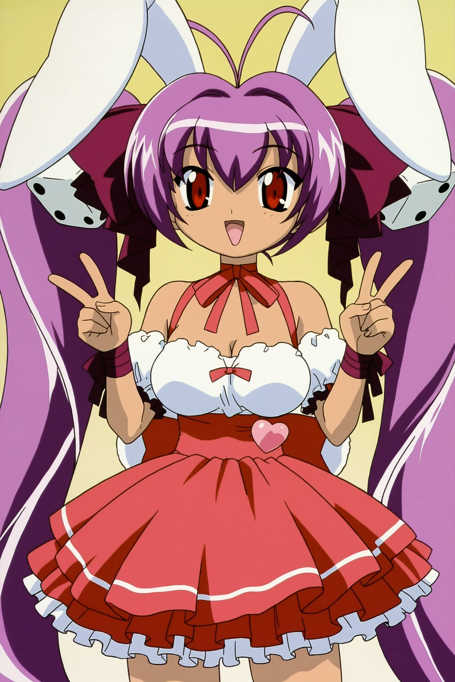 digicharat99, usada hikaru, 1girl, solo, long hair, breasts, skirt, hair ornament, red eyes, dress, bow, animal ears, ribbon, cleavage, bare shoulders, very long hair, twintails, medium breasts, purple hair, short sleeves, hair bow, frills, detached sleeves, sleeveless, choker, puffy sleeves, rabbit ears, red ribbon, neck ribbon, black ribbon, red skirt, red dress, antenna hair, high-waist skirt, rabbit girl, underbust, pleated dress, red choker, ribbon choker, wrist ribbon, puffy detached sleeves, bow choker, dice hair ornament, wrist bow, looking at viewer, simple background, double v, happy, cowboy shot, open mouth, 
masterpiece, best quality, absurdres, highres, very awa, 