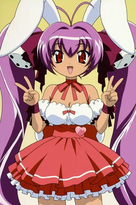 digicharat99, usada hikaru, 1girl, solo, long hair, breasts, skirt, hair ornament, red eyes, dress, bow, animal ears, ribbon, cleavage, bare shoulders, very long hair, twintails, medium breasts, purple hair, short sleeves, hair bow, frills, detached sleeves, sleeveless, choker, puffy sleeves, rabbit ears, red ribbon, neck ribbon, black ribbon, red skirt, red dress, antenna hair, high-waist skirt, rabbit girl, underbust, pleated dress, red choker, ribbon choker, wrist ribbon, puffy detached sleeves, bow choker, dice hair ornament, wrist bow, looking at viewer, simple background, double v, happy, cowboy shot, open mouth, 
masterpiece, best quality, absurdres, highres, very awa, 