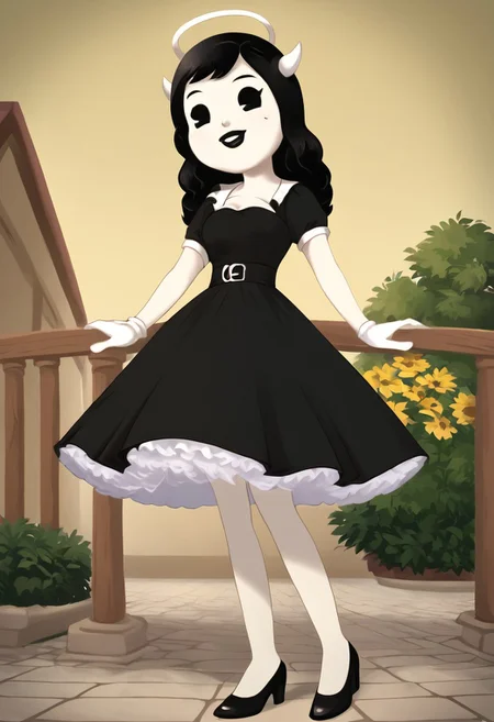 (Masterpiece, best quality:1.2), score_9, score_8_up, flat color, flat shading, soft shading, lighting, Alice Angel in a 1950's dress with a button down top, a fluffy frilly ruffled full petticoat, and high heels, dress, layered petticoat, frilly petticoat, fluffy petticoat, full petticoat, wide dress, flowing dress, long skirt, solid colored skirt, short sleeves, black hair, Bendy and The Ink Machine, series accurate, cute, best high quality, high res, black lips, white colored skin, whole body shot, 1girl, solo, outside, standing straight, in a garden, cute, adorable, smile, low angle shot, cartoon, cartoon style, vector, solo, circle dress, 1950s, alice angel