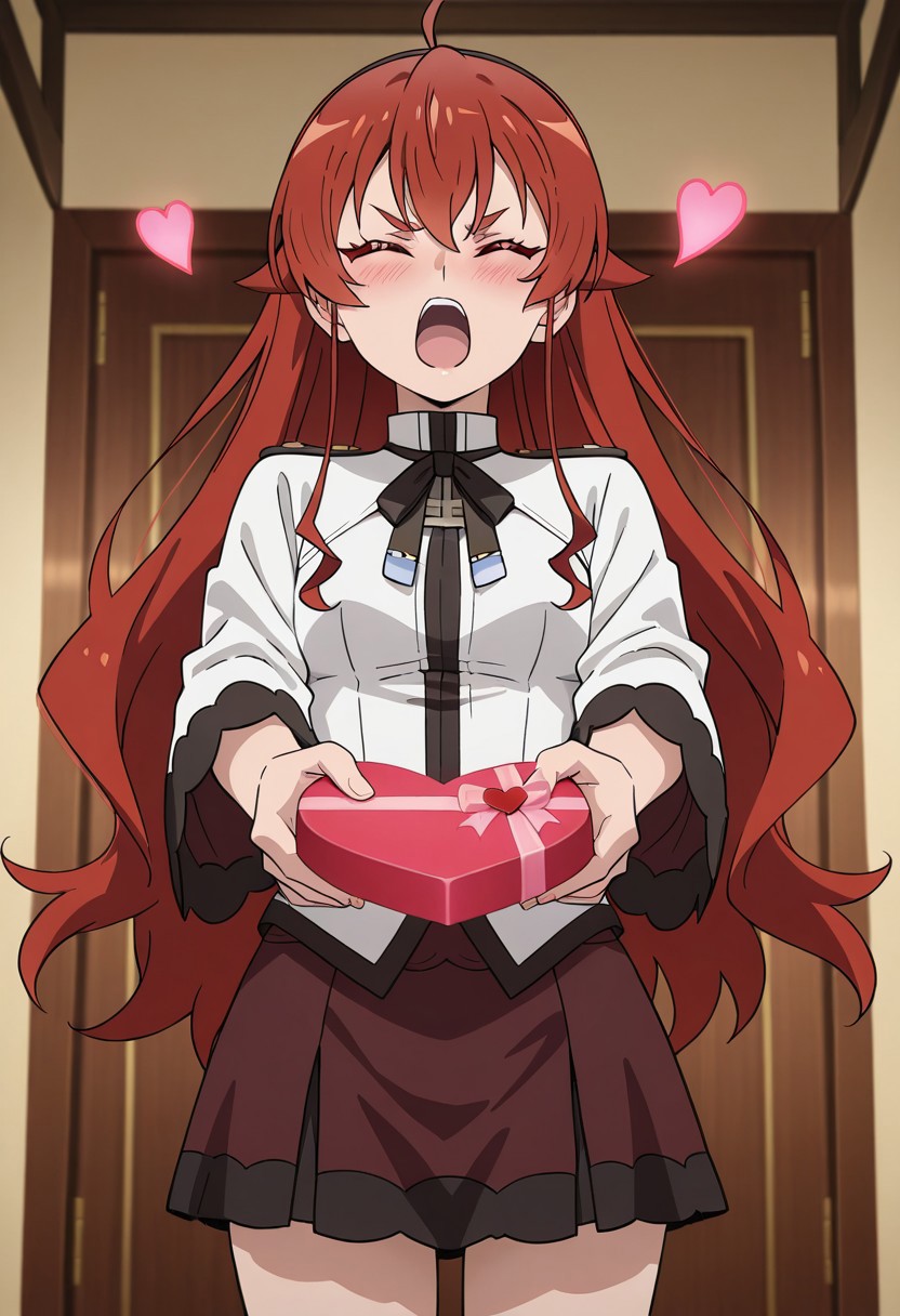 masterpiece, best quality, newest, absurdres, highres, detailed eyes, beautiful, detailed background, perfect eyes, anime coloring, anime screencap, 1girl, solo, Eris_Greyrat, red_eyes, red_hair, ahoge, hair_between_eyes, hair_flaps, small_breasts <lora:love-letter-ponyxl-lora-nochekaiser:1>, love letter, heart, valentine, letter, confession, incoming gift, outstretched arms, closed eyes, shouting,, , cowboy shot,