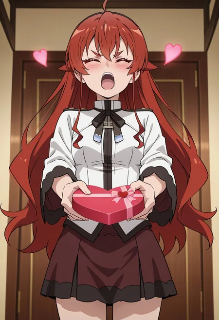 masterpiece, best quality, newest, absurdres, highres, detailed eyes, beautiful, detailed background, perfect eyes, anime coloring, anime screencap, 1girl, solo, Eris_Greyrat, red_eyes, red_hair, ahoge, hair_between_eyes, hair_flaps, small_breasts <lora:love-letter-ponyxl-lora-nochekaiser:1>, love letter, heart, valentine, letter, confession, incoming gift, outstretched arms, closed eyes, shouting,, , cowboy shot,