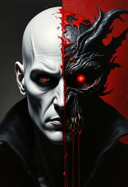 Dark gothic oil painting, vampire lord portrait: left side aristocratic pale skin, right side monstrous bat-like features. Divide is a stream of crimson blood.
