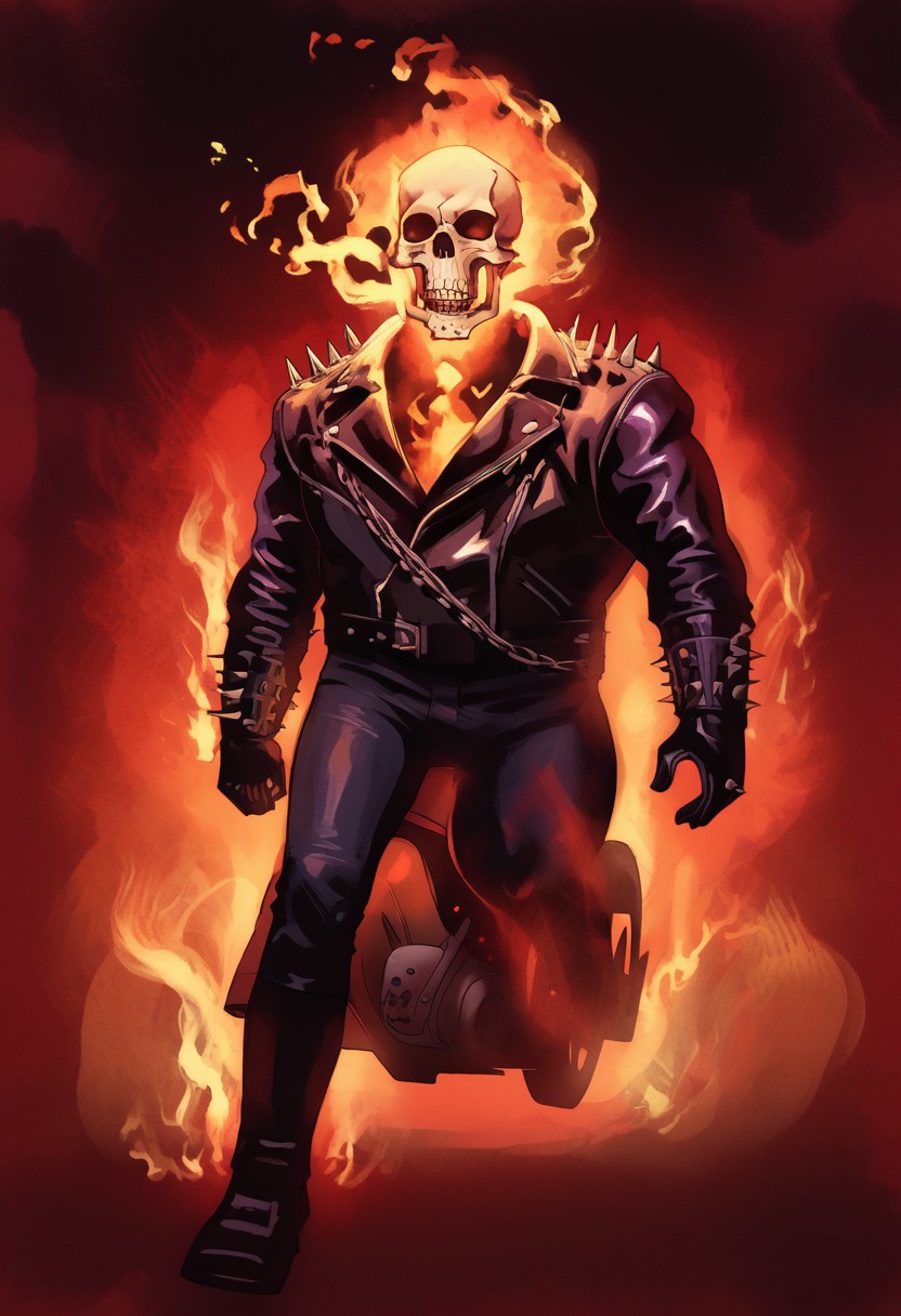 masterpiece, highly detailed,
ghostrider riding a motorcycle,
trail of fire,
ghostrider, skull head, on fire, leather jacket, leather pants, gloves, spikes, chain, shotgun,
(view from below:1.4),
Freebo_alloy,
ethereal,
sinister tendrils,
dark wisps,
evil essence,
spectral aura,
ghostly, 
decaying body,
burning wheels,
abstract,