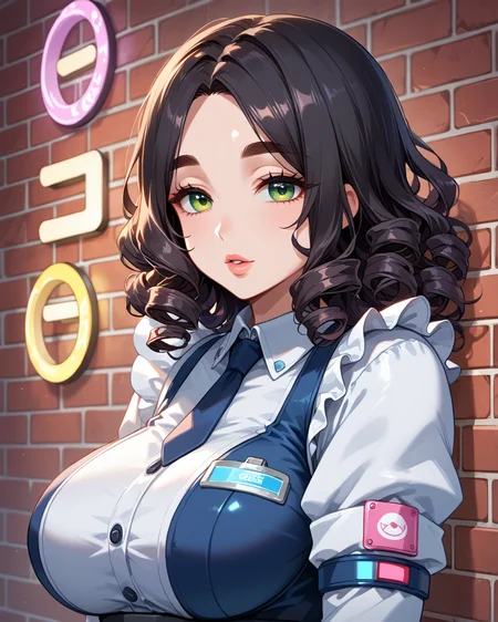 PonyScores7, source_anime, ah1, 1girl, (curly hair), long hair, (black hair), mature female, (parted hair:1.7), (round face:1.2), (fringe:-0.5), (bangs:-0.5), (hair between eyes:-0.5), (thick eyebrows), (curvy), round-chin, (greenish hazel eyes), caucasian, (downturned eyes:1.2), (plump face), <lora:ETO_OCPonyXL:0.5> eto_oc, skindentation, (plump), thick thighs, wide hips, busty, voluptuous, kinky curls, lips, bad-hands-5, <lora:venus body PonyXL:0.4>, <lora:xl_more_art-full_v1:0.2>, <lora:shinyskin2:0.2> glistening skin, <lora:aesthetic_anime_v1s:0.2>, <lora:Expressive_H:0.2> Expressiveh, <lora:hairdetailpxl:0.2> hairdetailpxl, <lora:EpicF4nta5yXL:0.2>, <lora:detailxl:0.2> detailxl, <lora:Fant5yP0ny:0.2>, best quality, amazing quality, best aesthetic, absurdres, <lora:expressive eyes:0.2> expressive eyes, <lora:eyedetailpxl:0.2> eyedetailpxl, illustration, Volumetric_Lighting, ultra-detailed, very aesthetic, intricate details, 8k, masterpiece, best_quality, (sultry gaze, slightly parted lips, seductive look, looking at viewer), (upper body), (Leaning against a brick wall, one leg slightly bent, looking relaxed), (A futuristic-themed maid cafe, where sleek metallic surfaces, neon lights, and holographic displays create a high-tech atmosphere, robotic waitres), (frostbite The property manager wears business casual clothing with a name tag), <lora:Eyes_High_Definition:0.3> EyesHD, looking at viewer, Stable_Yogis_PDXL_Positives, AS-Adult, <lora:Complicated fantasy portrait - XL Pony V2.0:0.2>