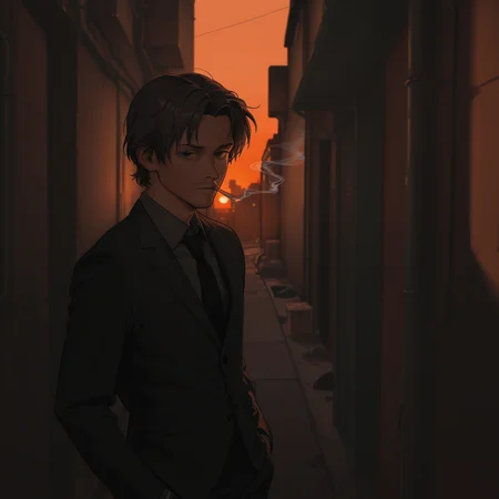 <lora:Parted_Bangs_with_Curtain_Hair_Illustrious:1> curt4ined h4ir, 1boy, suit, alley, smoking, looking at viewer, sunset,